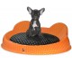 Pet bed for dog and cat, hand silk-screened orange white dots.