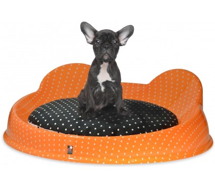 Pet bed for dog and cat, hand silk-screened orange white dots.