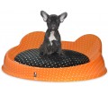 Pet bed for dog and cat, hand silk-screened orange white dots.