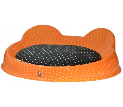 Pet bed for dog and cat, hand silk-screened orange white dots.