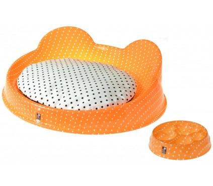 Pet bed for dog and cat, hand silk-screened orange white dots.