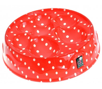 Ciotola di design per cani e gatti, rossa con pois bianchi.